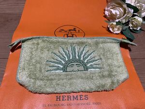 希少レア☆可愛い☆HERMESエルメス太陽刺繍入りパイル地ポーチミニバッグヴィンテージエルメス☆コスメポーチ小物入れバッグインバッグ