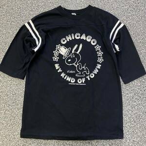 70s USA製 SNOOPY フットボール Tシャツ M ブラック スヌーピー CHICAGO カレッジ フロッキー ARTEX PEANUT キャラクター 80s ヴィンテージ