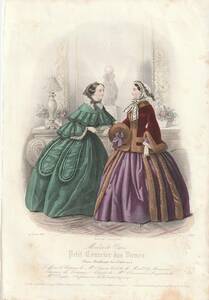 フランスアンティーク　ファッションプレート　1856年　素敵なお部屋でくつろぐ冬の装いのレディたち