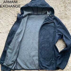 極美品/L相当●アルマーニ エクスチェンジ デニム パーカー Gジャン ジャケット ARMANI EXCHANGE ダブルジップ インディゴ AXロゴ総柄 春