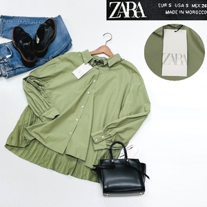 未使用品 /S/ ZARA グリーン プリーツオーバーサイズシャツ レディース タグ カジュアル トップス 通勤 羽織り 大人可愛い緑 デイリー ザラ