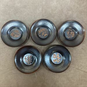 美品 龍善堂 茶托 5点セット 銅製 煎茶道具 花模様 客用 松竹梅 菊 茶器 彫刻 槌目打 茶托