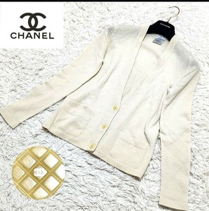 極美品 最高級　CHANEL シャネル　カーディガン　羽織り　40　カシミヤ100%　絹色　ホワイト　春夏　レディース　大きいサイズ