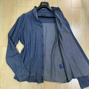 極美品/希少3L●アルマーニ ジーンズ ARMANI JEANS 【バースアイ】総柄 デザイン シャツ 長袖 シルエット◎ ネイビー メンズ 3XL