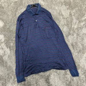 dunhiall ダンヒル 長袖ポロシャツ イタリア製 サイズ40 M相当 総柄 ポケット ワンポイント ブルー 青 メンズ トップス 最落なし （W17）