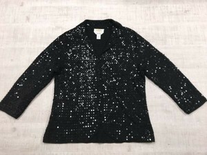 タルボット TALBOTS PETITES オールド レトロ 古着 スパンコール 開襟ニットシャツ レディース ハンドニット シルク55% コットン45% M 黒