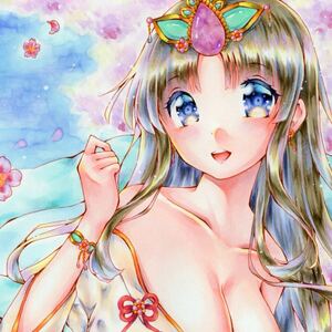 手描きイラスト　オリジナル　天女　桜　女の子　A4画学紙