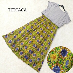 37 【TITICACA】 チチカカ ドッキング ロングワンピース F グレー マスタード 総柄 花柄 半袖 夏 フレア タック レイヤード 重ね着風