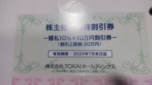 2024年7月末日迄　ＴＯＫＡＩ株主優待　スカイレストラン「ヴォーシエル」、鉄板焼「葵」お食事２０％割引券、婚礼１０％他