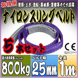 スリングベルト 5本セット 1m 幅25mm 使用荷重800kg 0.8t 吊りベルト ベルトスリング ［ナイロンスリング 吊上げ ロープ 牽引 運搬］