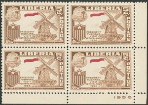 外国切手　リベリア　未使用　1958年　タブマン大統領訪欧　オランダ　青印刷モレエラー　コーナー田型ブロック