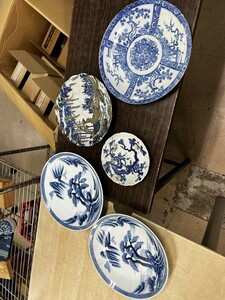 FJ0710 古伊万里 ② 5枚まとめ売り 染付 印判 藍 大皿 陶器 大量放出 在銘 銘々皿