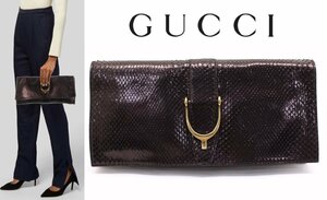 40万新品◆GUCCI グッチ 『ソフトスティラップ』濃紫パイソンレザーワイドクラッチバッグ１円