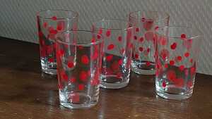 昭和レトロ　可愛い　赤色　みずたまプリント　グラス　５個Set未使用　曽我ガラス