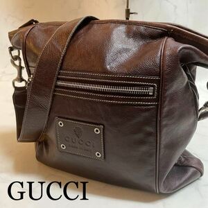 良品◆グッチ GUCCI◆メッセンジャーバッグ クレスト 大容量 A4収納可 ショルダーバッグ レザー 本革 ボルドー ブラウン メンズ 斜め掛け