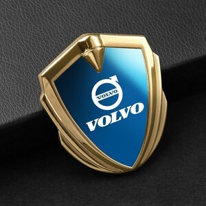 ボルボ VOLVO ステッカー 車ロゴ 車用 エンブレム 鏡面 3D立体 金属製 デカール 防水 両面テープ付き 1枚入り ☆ゴールド/ブルー