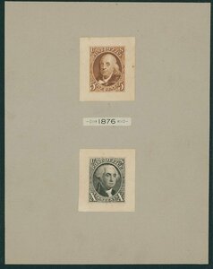 [1447]米国 一番切手２種の1875年公式リプリントのプルーフ（白紙）。 厚紙に貼付。 SCOT