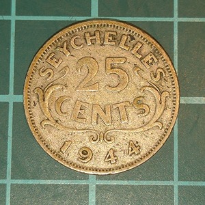 【一円スタート】イギリス領セーシェル　25セント銀貨　1944年　ジョージ6世