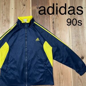 90s adidas トラックジャケット ジャージ 刺繍ロゴ 袖スリーライン ネイビー イエロー サイズL 玉mc2615