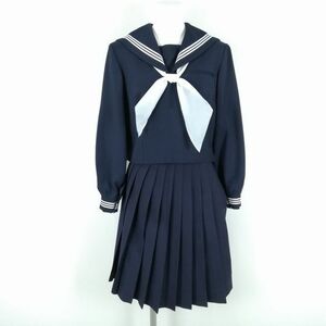 1円 セーラー服 スカート スカーフ 上下3点セット 155A 冬物 白2本線 女子 学生服 中学 紺 中古 ランクC NA0475