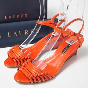 GP4566▽RALPH LAUREN ラルフローレン コレクション 7B(23.5cm相当) レザー アンクルストラップ ウエッジソール サンダル 靴 オレンジ