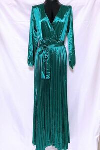 【1円】【未使用】光沢 サテン ナイロン つるつる カラー プリーツ ドレス 大きいサイズ グリーン