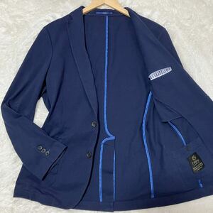 極美品 XL◎Navy PREMIUM テーラードジャケット トラベル ジャージ素材 アンコン パイピング ビジネス ネイビー メンズ 春夏 紺 サマー