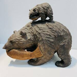 熊の置物 親子 木彫り クマ シャケ