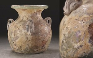 ∇花∇3世紀頃 シリア出土 古代ローマンガラス三耳瓶 高さ8cm 神秘の銀化 貴重なローマン・グラス