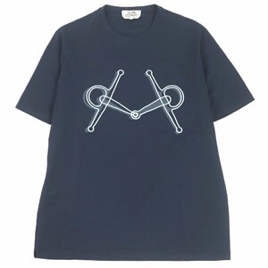 極美品 HERMES エルメス コットン エンブロイダリー 刺繍デザイン クルーネック カットソー 半袖Ｔシャツ ネイビー M イタリア製 メンズ