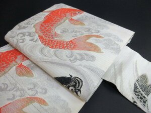 1円 中古 正絹 名古屋帯 絽 夏物 和装 アンティーク レトロ 鯉 魚 錦鯉 波 おしゃれ 六通柄 九寸帯 長さ351cm【夢職】★★★