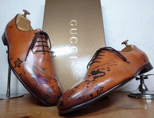 【極美品/2009SS】ITALY製 GUCCI/グッチ マーメイド ホールカット プレーントゥ 401/2 25.5cm相応 ブラウン 茶 タトゥー