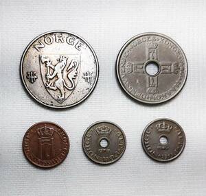 1926年~ ノルウェー 古い硬貨 5枚 ◆a-19