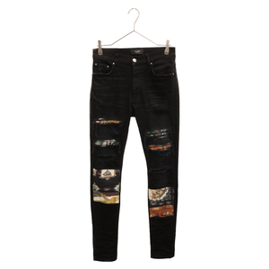 AMIRI アミリ Scarves Art Patch Jeans スカーフアートパッチ 蛇腹 スキニーデニムパンツ ブラック