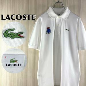 【希少デザイン】【企業物】LACOSTE ラコステ 白ラコ 刺繍 企業ロゴ ワニ 鹿の子 半袖ポロシャツ サイズ5 ホワイト Lサイズ相当 古着