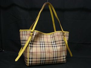 1円 BURBERRY バーバリー ノバチェック PVC×レザー ハンドバッグ トートバッグ ショルダーバッグ 肩掛け ベージュ系×イエロー系 BJ1693