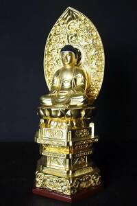 未使用保管品　総金箔、粉　座釈迦　六角台　木製　2.5寸　仏具　仏像（200514A1-1）4084　M