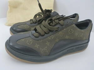 超美品 ルイヴィトン（Louis Vuitton）★カーキ　保存袋あり　レザー×キャンパス　スニーカー　シューズ　靴　36 1/2　…23.5くらい