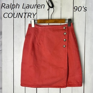 90s Ralph Lauren COUNTRY コンチョボタンラップスカート 9 薄赤 オールド ヴィンテージ ポロカントリー 巻きスカート ミニスカート●286
