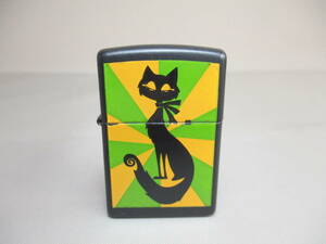 E156*ZIPPO 56*　黒地　黒猫イラスト　ジッポライター1点　/菓子手術亜　/中古 /キャットネコ【送料込】