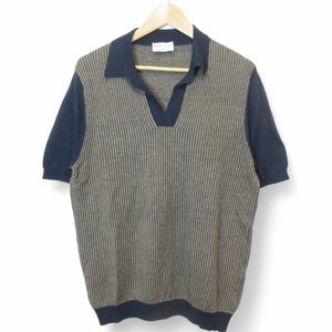 美品 Settefili Cashmere セッテフィーリカシミア 半袖 リネン×コットン スキッパー ニット ポロシャツ カットソー XS ネイビー系