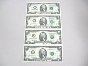新品 アメリカ米国 ２ドル札(米国２ドル紙幣) ４枚未裁断シート