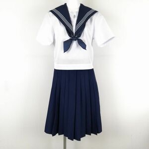 1円 セーラー服 スカート スカーフ 上下3点セット 夏物 グレー3本線 女子 学生服 高知岡豊高校 白 制服 中古 ランクC NA0061