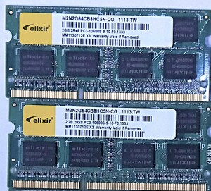 【中古パーツ】PC3 ノートパソコン用 DDR3 メモリ ELIXIR 2GB-2RX8 PC3-10600S-9-10-F0 1333 2GBx2枚 計4GB (在庫7枚)送料無料■N(120)