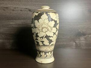 磁州窯 鉄絵 壷 高さ33cm 中国美術 唐物 壺 花瓶 旧家整理品