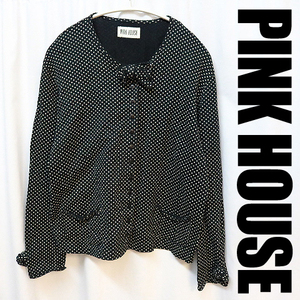 ピンクハウス PINK HOUSE 水玉柄 ドット柄 コットンカーディガン 薄手カットソー 夏羽織 リボン付き 黒 カネコイサオ インゲボルグ 050103