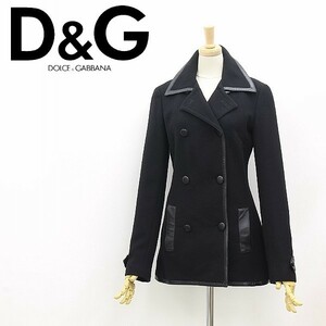 ●D&G ドルチェ＆ガッバーナ レザー パイピング 裏地ボタニカル柄 ウール コート 黒 ブラック 40