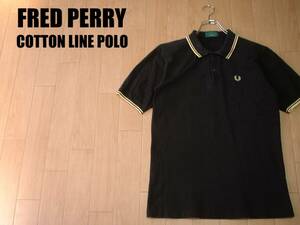 大人気FRED PERRY淵ラインポロシャツM黒ブラックx黄色イエローライン正規フレッドペリーPOLO SHIRT月桂樹刺繍UKブランド