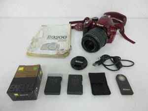 中古 カメラ Nikon ニコン D3200 デジタル一眼レフ / レンズ AF-S NIKKOR 18-55mm 1:3.5-5.6 G レッド 赤 ※通電のみ確認済 ／P