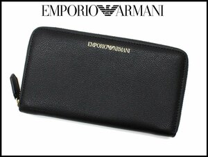 7万新品◆EMPORIO ARMANI アルマーニ 黒ロゴ入りレザーラウンドジップ長財布1円